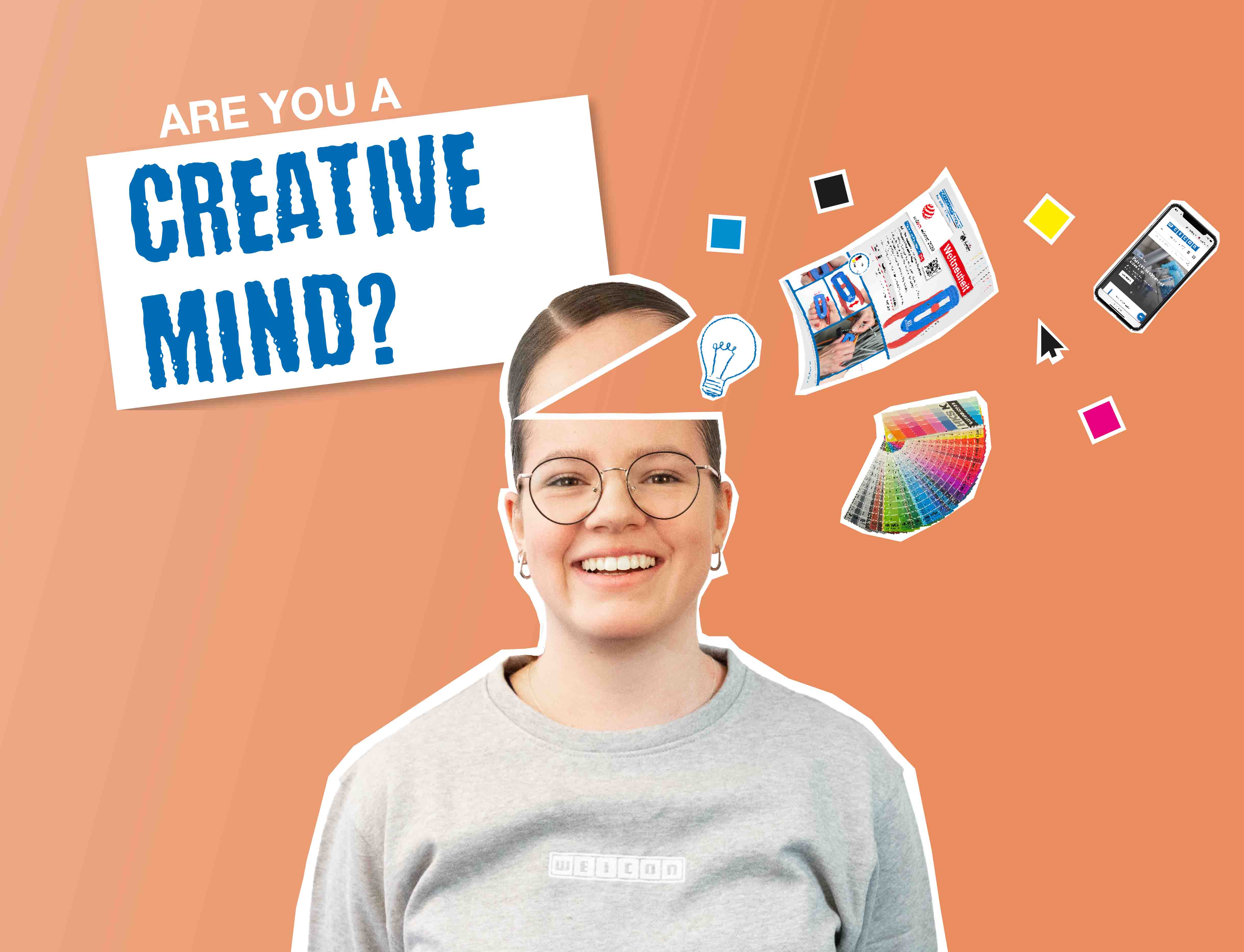 Młoda kobieta z otwartą głową, z której wychodzą farby, ulotki i telefon komórkowy