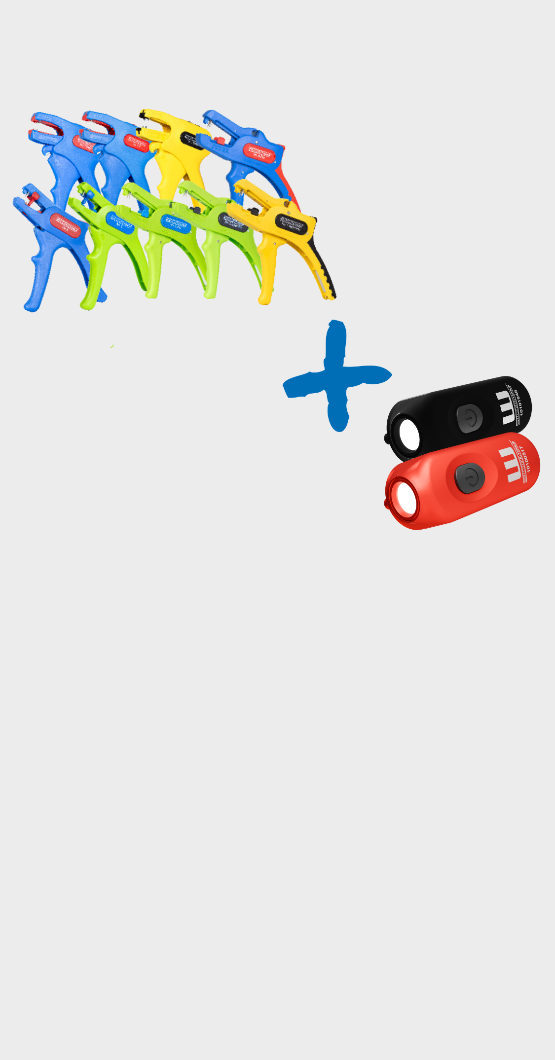 szczypce do ściągania izolacji, znak plus, diody led w kolorze czarnym i czerwonym