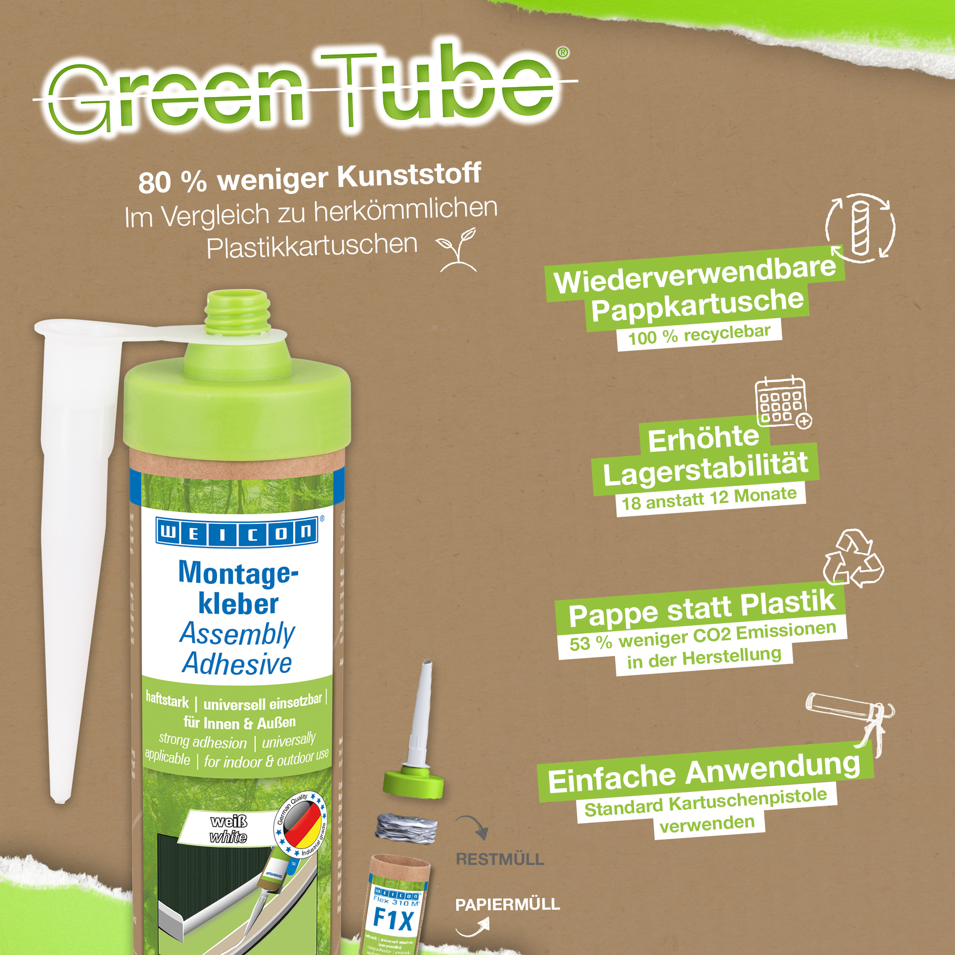 WEICON Green Tube Assembly adhesive | Mocny, uniwersalny klej do użytku wewnętrznego i zewnętrznego