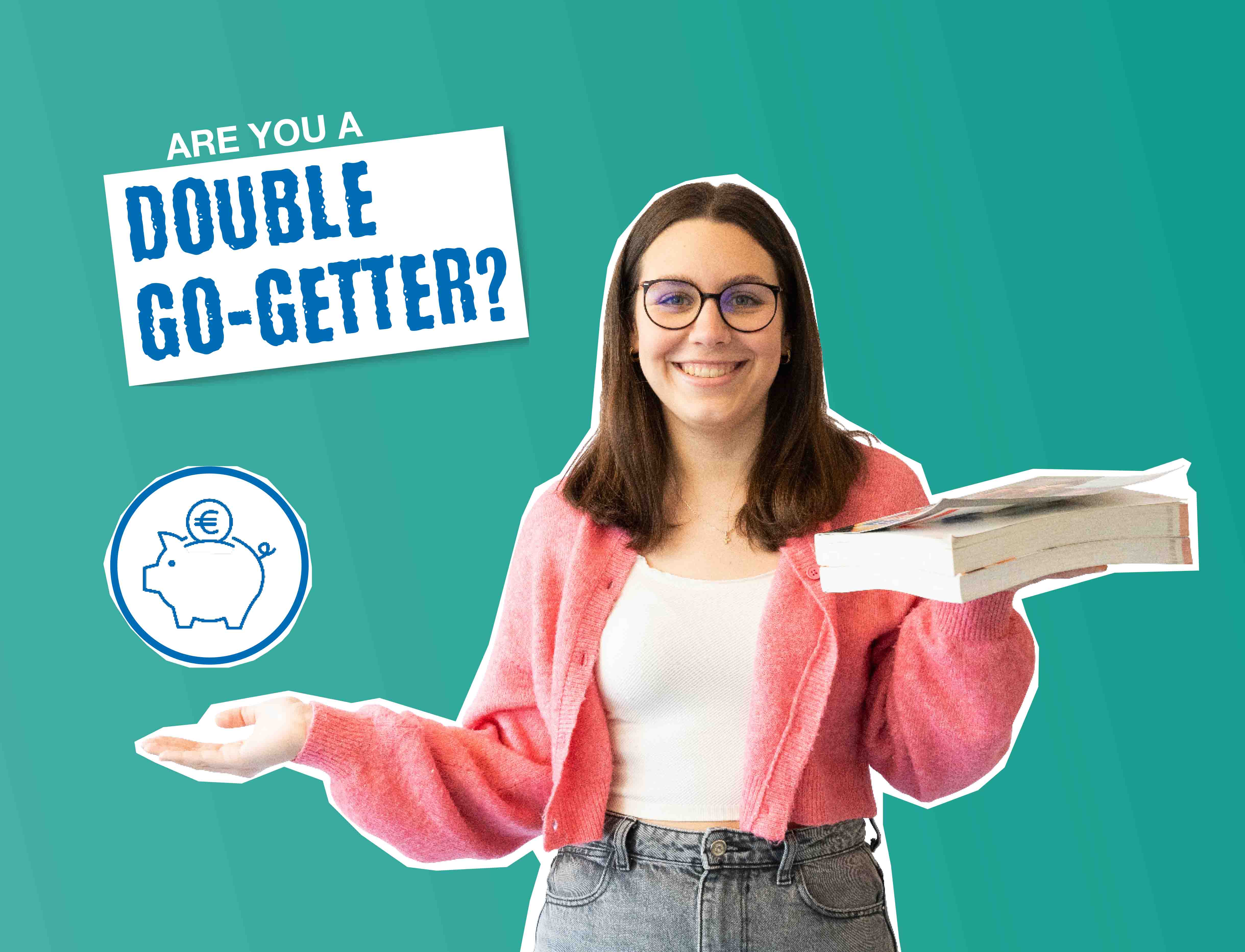 Młoda kobieta z książką w ręku, obok symbol skarbonki i książka w ręku, tekst „Jesteś podwójnym starterem?”.