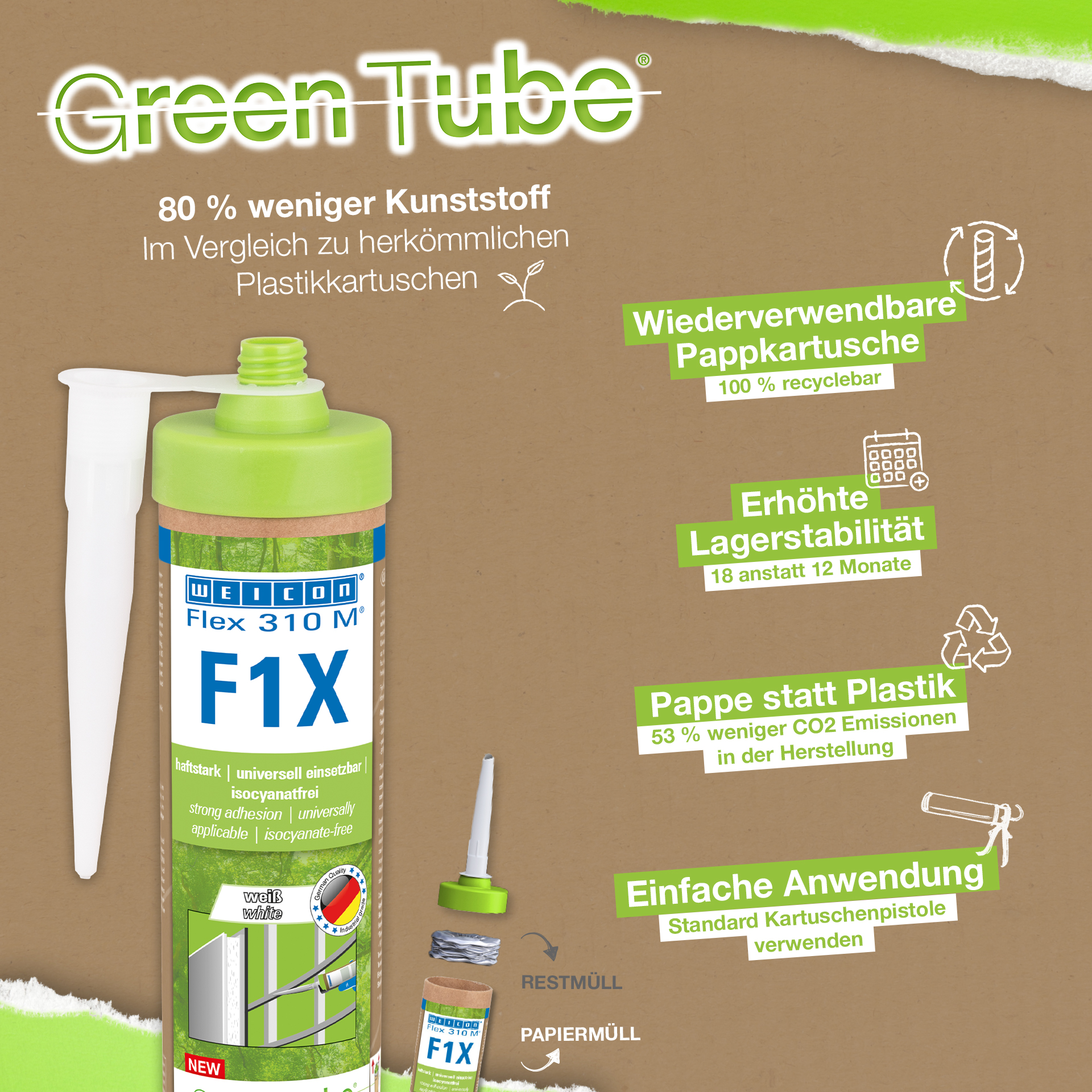 WEICON Green Tube Flex 310 M F1X | Klej i uszczelniacz na bazie MS polimerów o bardzo wysokiej przyczepności początkowej, odporny na temperaturę do 180°C