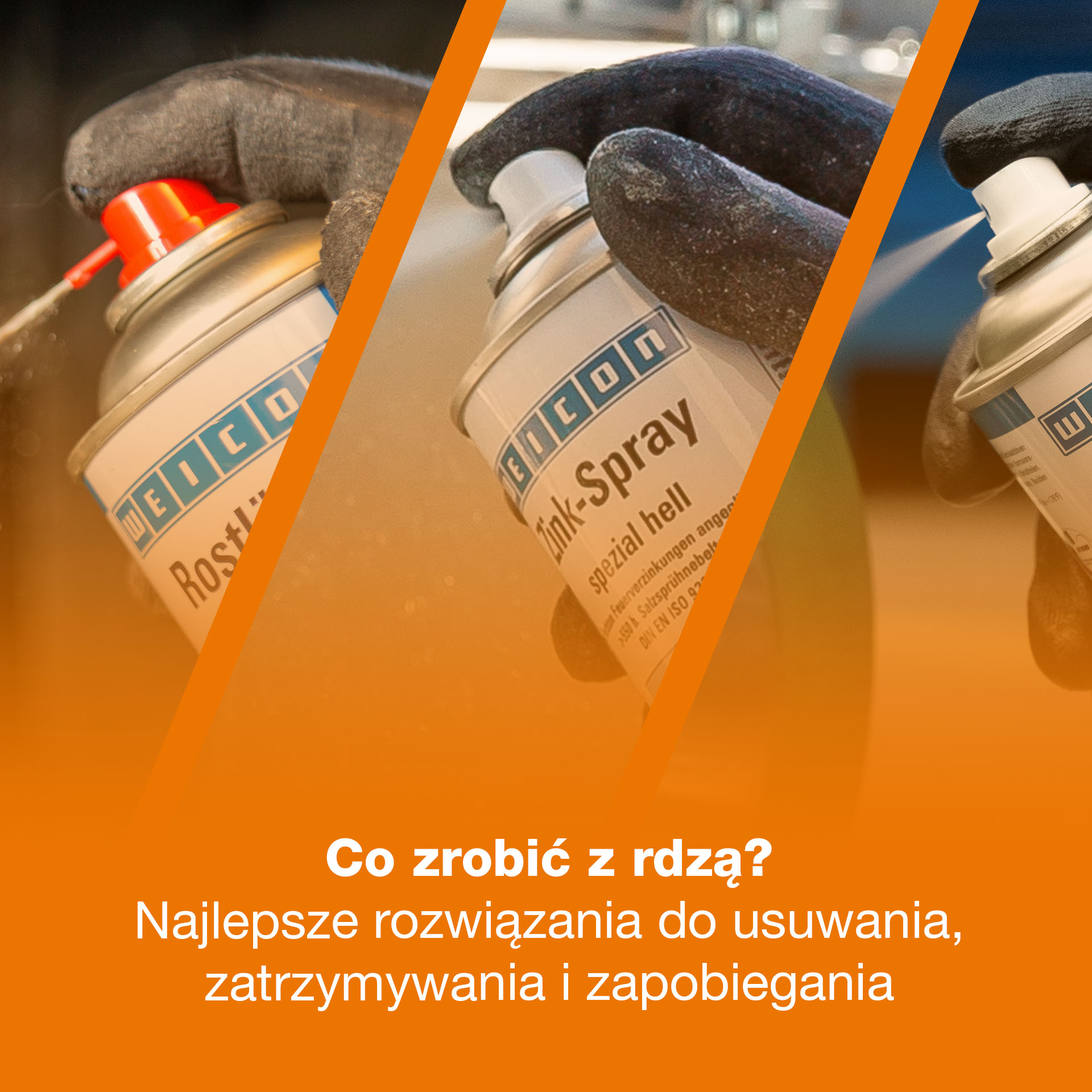 spray can, aerosol, gloves, orange design, three-panel image