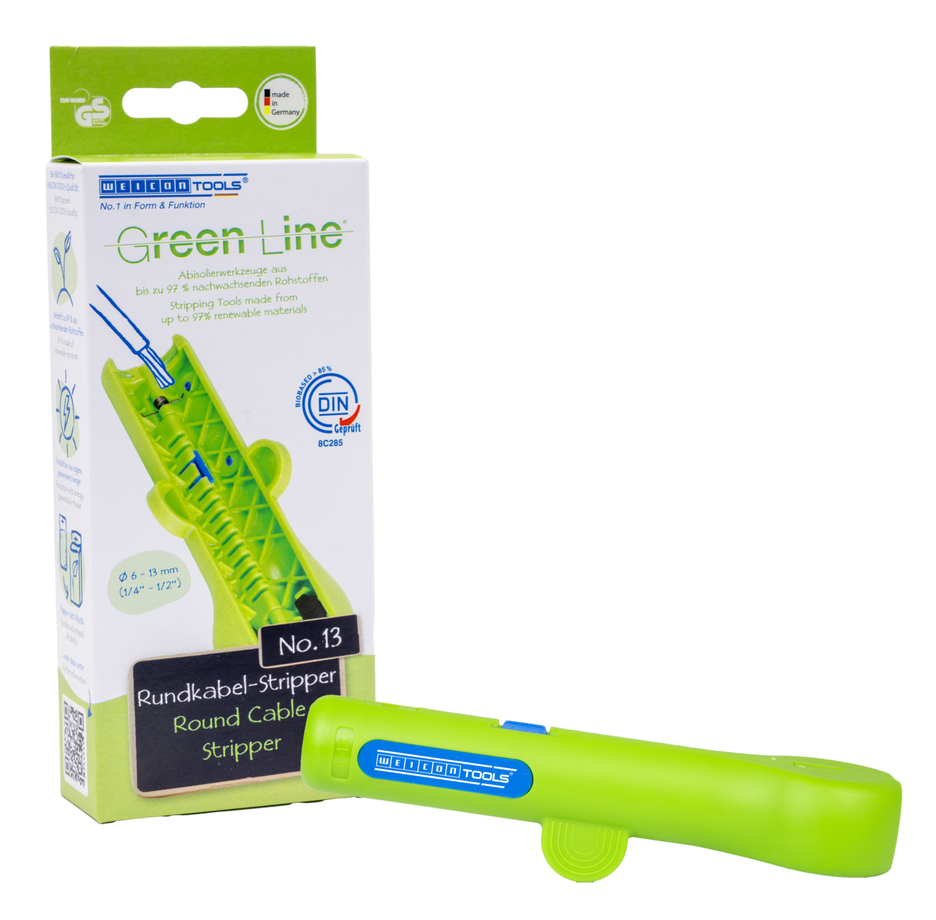 Ściągacz do kabli okrągłych No. 13 Green Line | Narzędzia do zdejmowania izolacji wykonane w 97% z surowców odnawialnych I do zdejmowania izolacji ze wszystkich popularnych kabli okrągłych I zakres pracy 6,0–13,0 mm Ø
