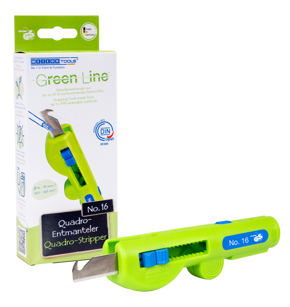 Ściągacz do kabli okrągłych No. 16 Green Line | Narzędzia do zdejmowania izolacji wykonane w 97% z surowców odnawialnych I Wielofunkcyjny ściągacz izolacji I Zakres pracy: zdejmowanie izolacji 0,5–6,0 mm² I Ściągnięcie izolacji o średnicy 8–13 mm