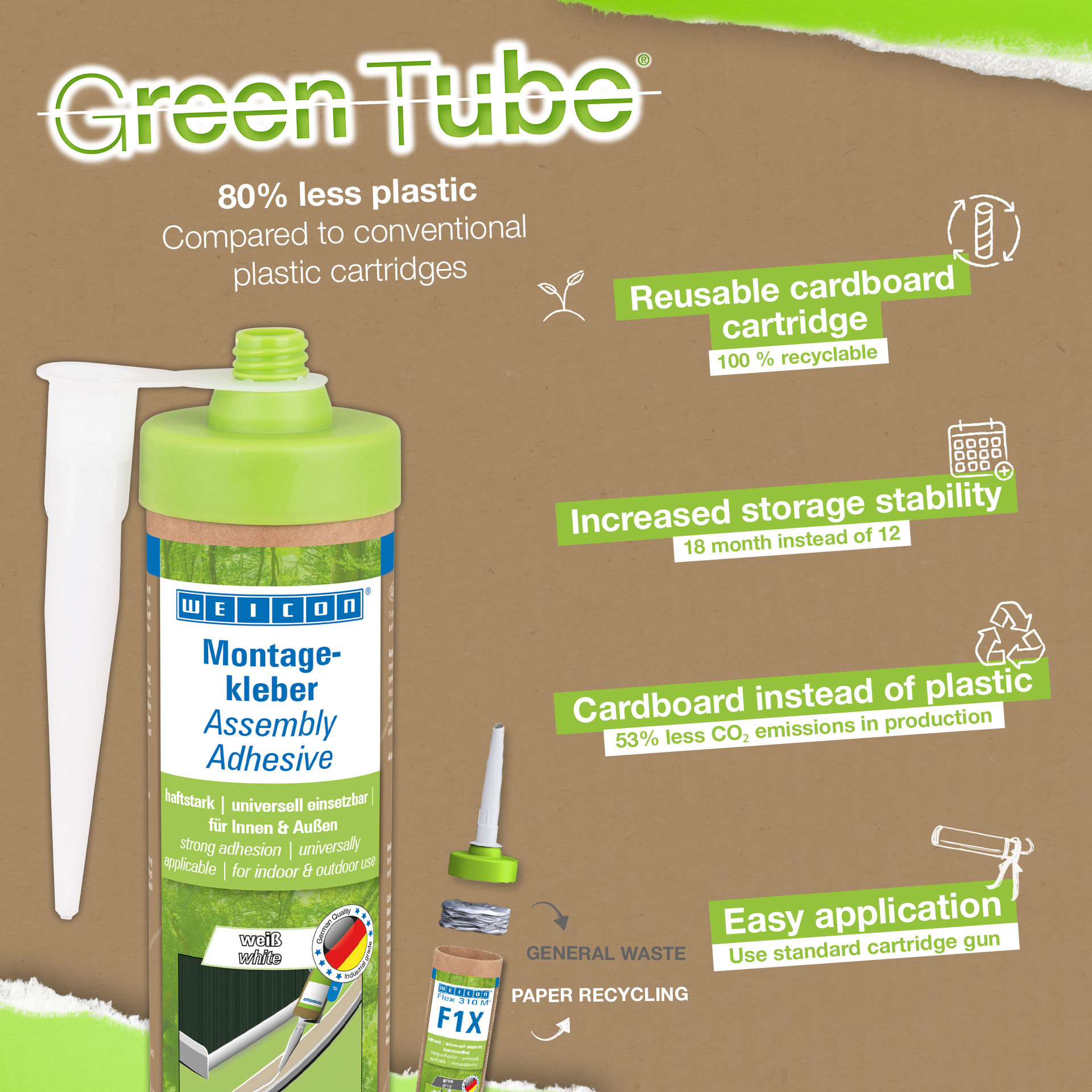 WEICON Green Tube Assembly adhesive | Mocny, uniwersalny klej do użytku wewnętrznego i zewnętrznego